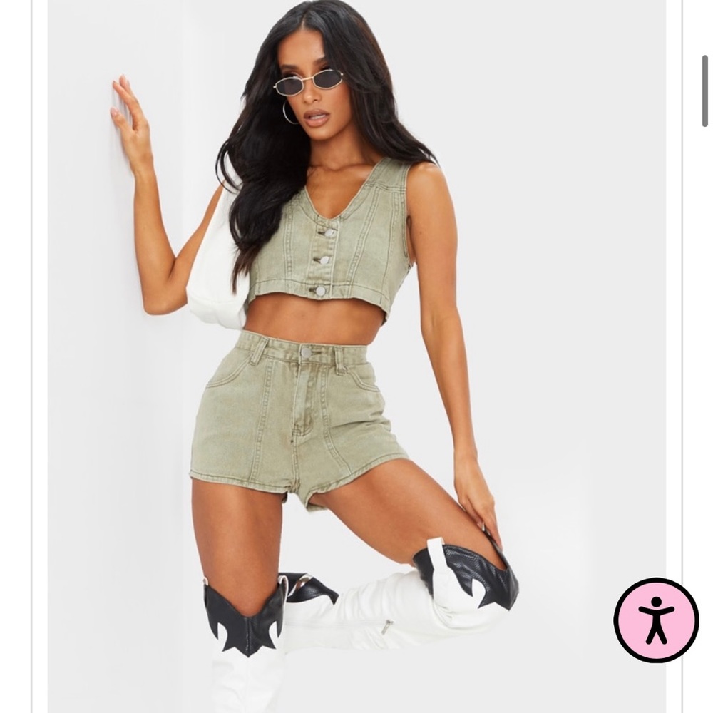 Washed Khaki Denim Button Up Sleeveless Crop Top & Washed Khaki Button Up Shorts